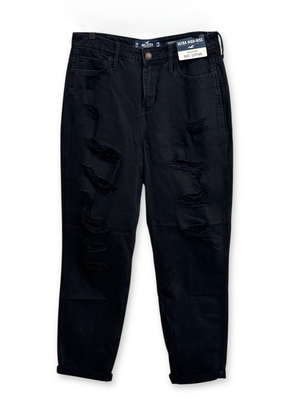 Hollister Black Distressed Ultra High-Rise 100% Cotton Mom Jeans 11R (W30L27)